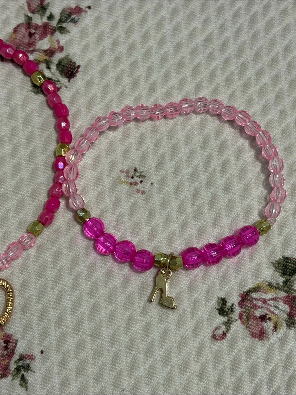 Barbie Pink Beaded Bracelet Trio with Heart & Initial Charms